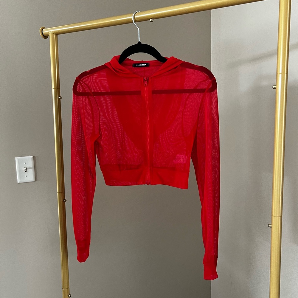 Red Mesh Cropped Hoodie Fashion Nova Swim Cover up